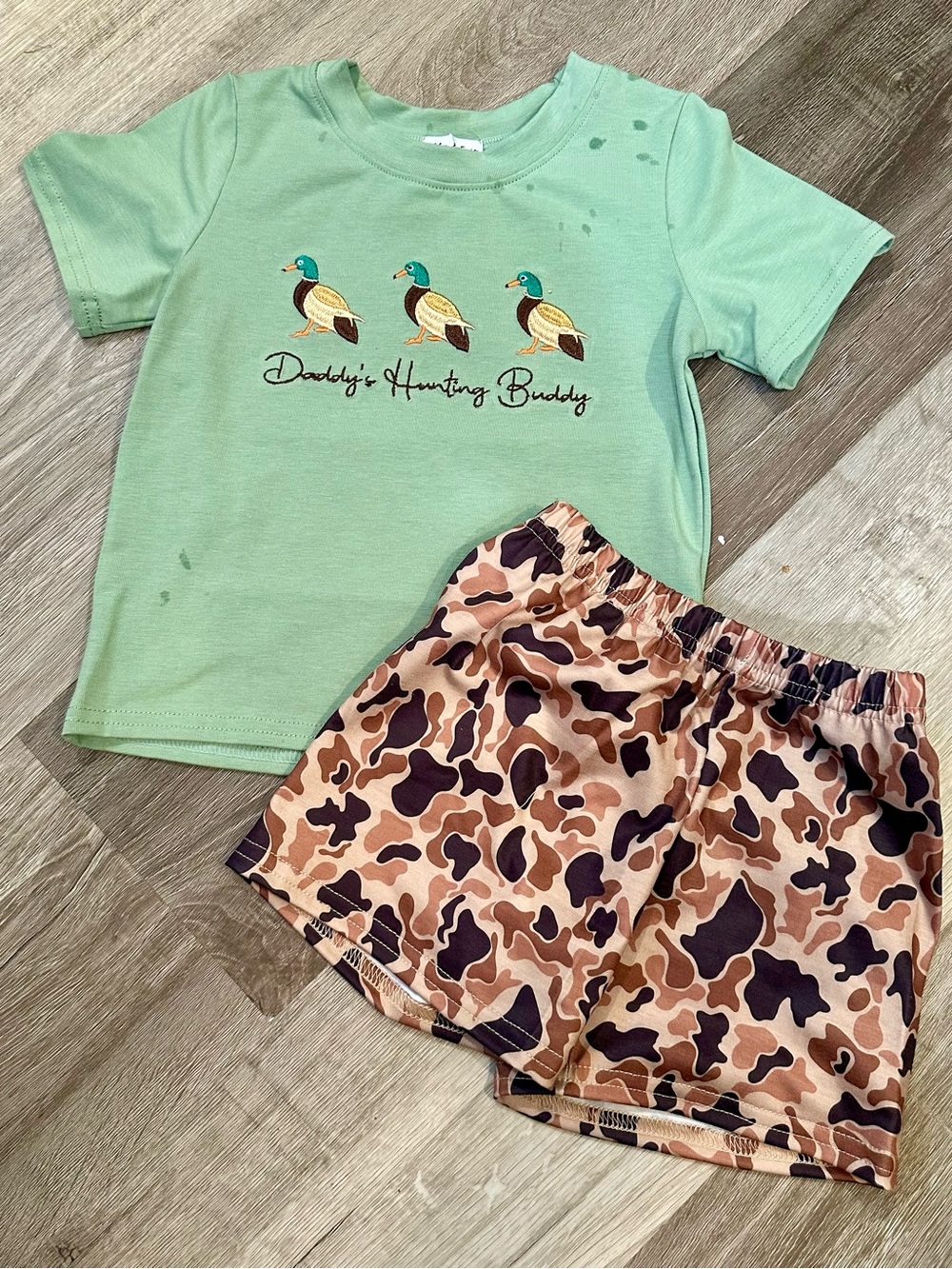 Daddy’s Hunting Buddy Green Top & Brown Camo Shorts